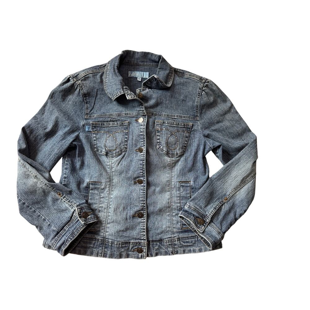 Duplex by Tyte Women’s Medium Blue Denim Jacket Rhinestone Puff Sleeve Stretch